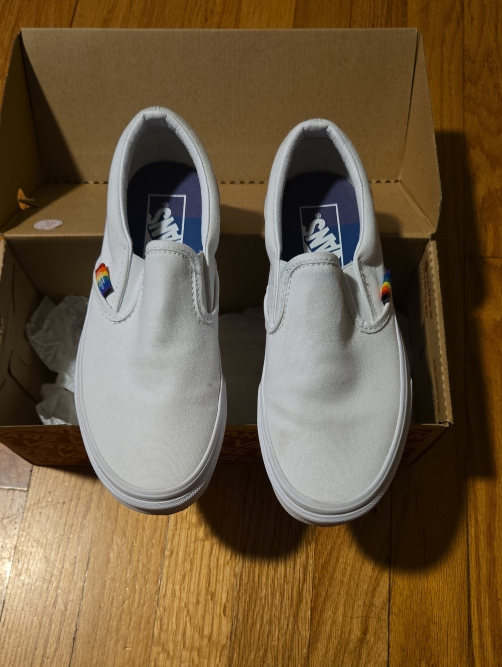 Vans White Slip-On Sneakers with Rainbow Heel Tabs Sz 6.5